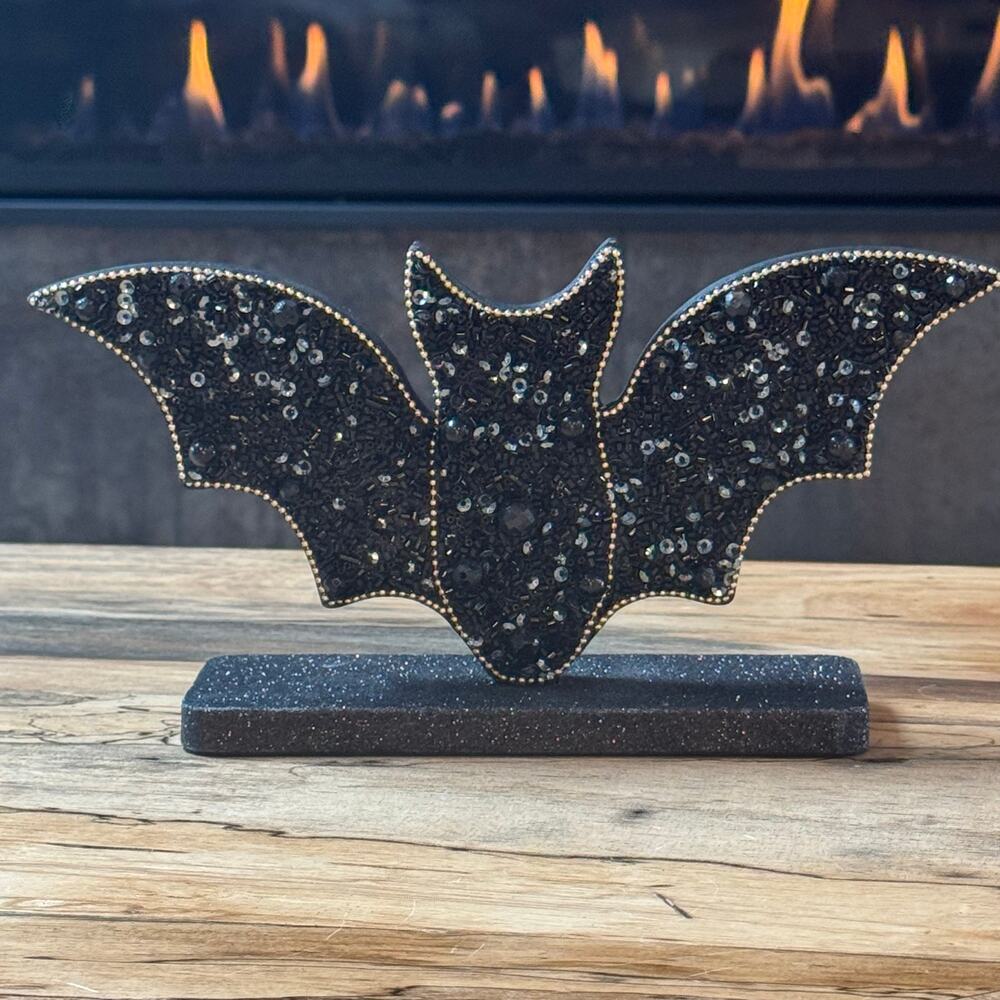 Halloween Beaded Bat Tabletop Decor Sequined Black 7x5” Glam Home Decor